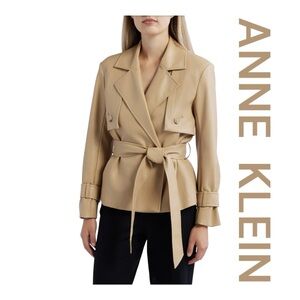 ANNE KLEIN Vegan Leather Short Belted Trench Coat, Size 10.